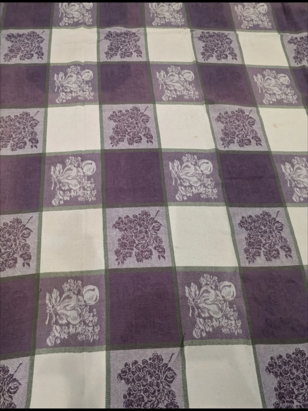 VTG 80s Purple Checkered Damask Fruit Woven Cotton Rectangular Tablecloth 78x56